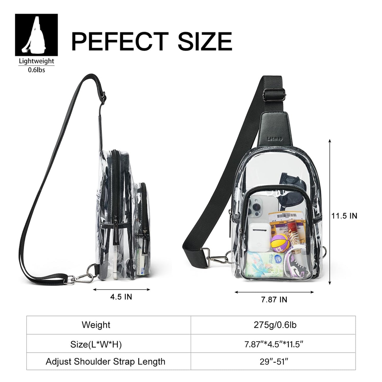 LATMAP Clear Bag for Stadium Events, Clear Purse for Women Stadium Crossbody Bag, Transparent Backpack for Concerts Sports-Black