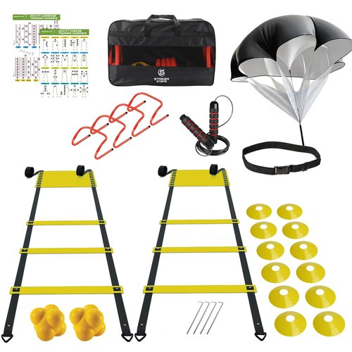 Agility Ladder Speed Training Equipment Set-2x 20ft Agility Ladder,12 Soccer Cones,4 Hurdles, Jump Rope, Running Parachute| Basketball Football Soccer Training Equipment for Kids Youth Adults
