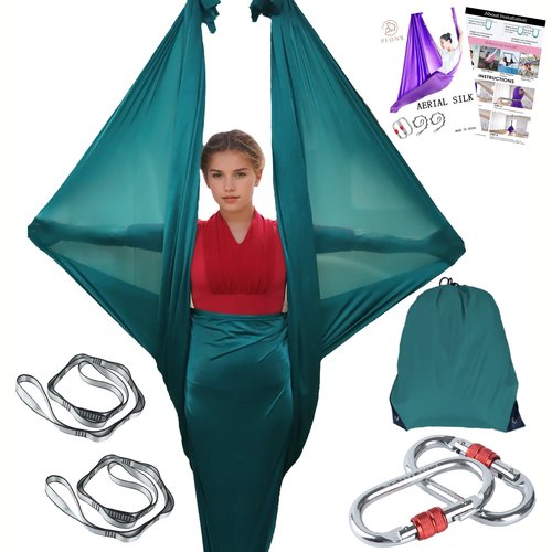 PFONB Aerial Silks-Premium Aerial Yoga Hammock Swing 5.5 x 3 Yards for Antigravity Yoga,Inversion Exercises,Improved Flexibility Core Strength-Daisy chains,Carabiners and Pose Guide(Blackish Green)
