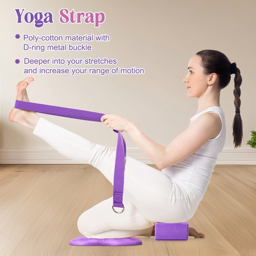 RoundFunny 5 Pcs Yoga Blocks Knee Pads Yoga Strap Set Soft Premium Foam Blocks Accessories for Pilates Meditation General Fitness Stability, Kneeling, Balance, Deepen Stretches and Toning
