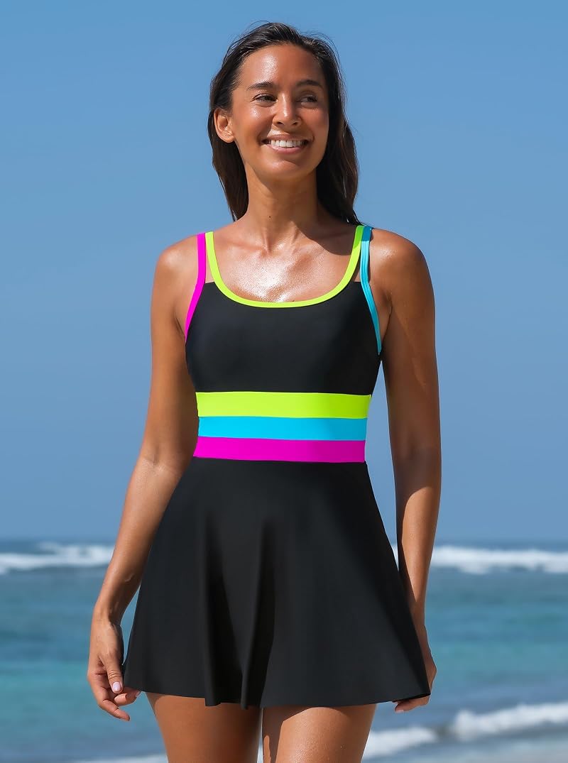 Popvil Women One-P Piece Swim Dress Swimsuit with Tummy Control, Neon Trim, Adjustable Straps, Black & Neon XL