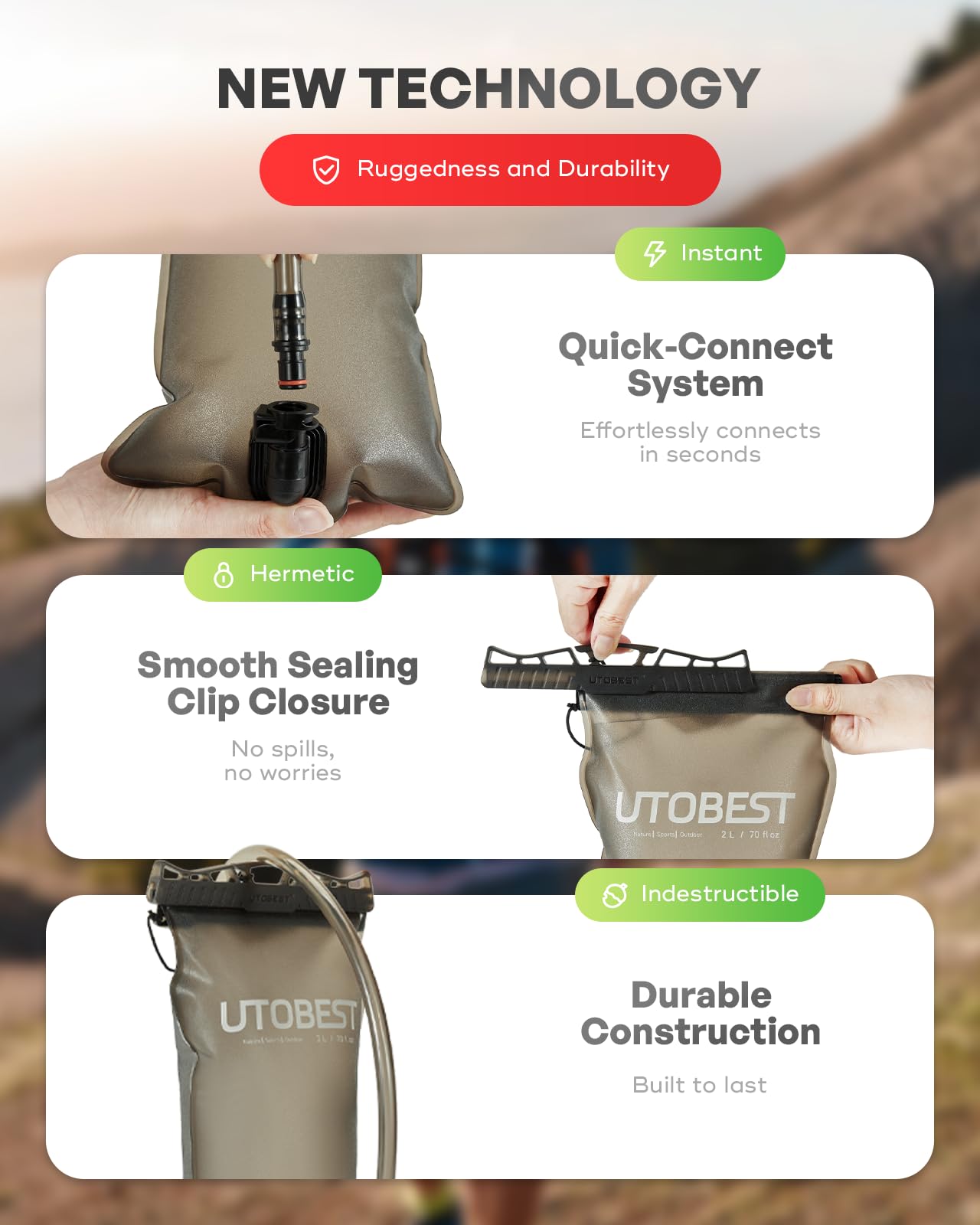 UTOBEST Water Bladder, Odorless Leather and Double-Layerad Water Tube Hydration Bladder, No Plastic Taste 360 Degree Rotation Bite Valve 3L Water Reservoir