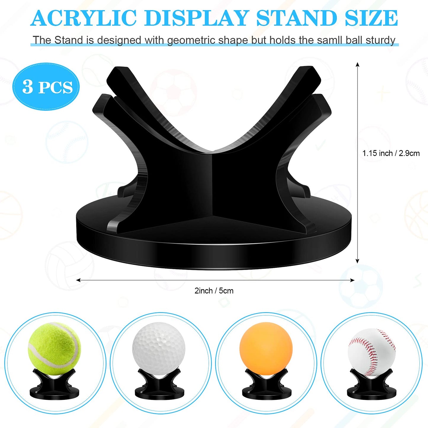 Sumind 3 Pcs Acrylic Small Ball Stand Holder Sport Ball Display Rack Baseball Display Stand with 3 Pieces Non-slip Rubber Pads for Baseball Golf Softball Tennis Spheres, Black