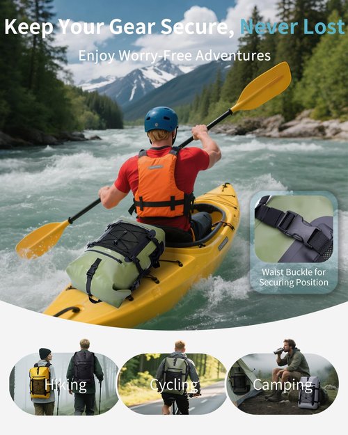 ECOHUB Waterproof Backpack for Women Men, 30L Roll-Top Closure Heavy Duty Dry Bag for Travel Kayaking Boating Hiking Floating with IPX8 Waterproof Phone Case (Green)