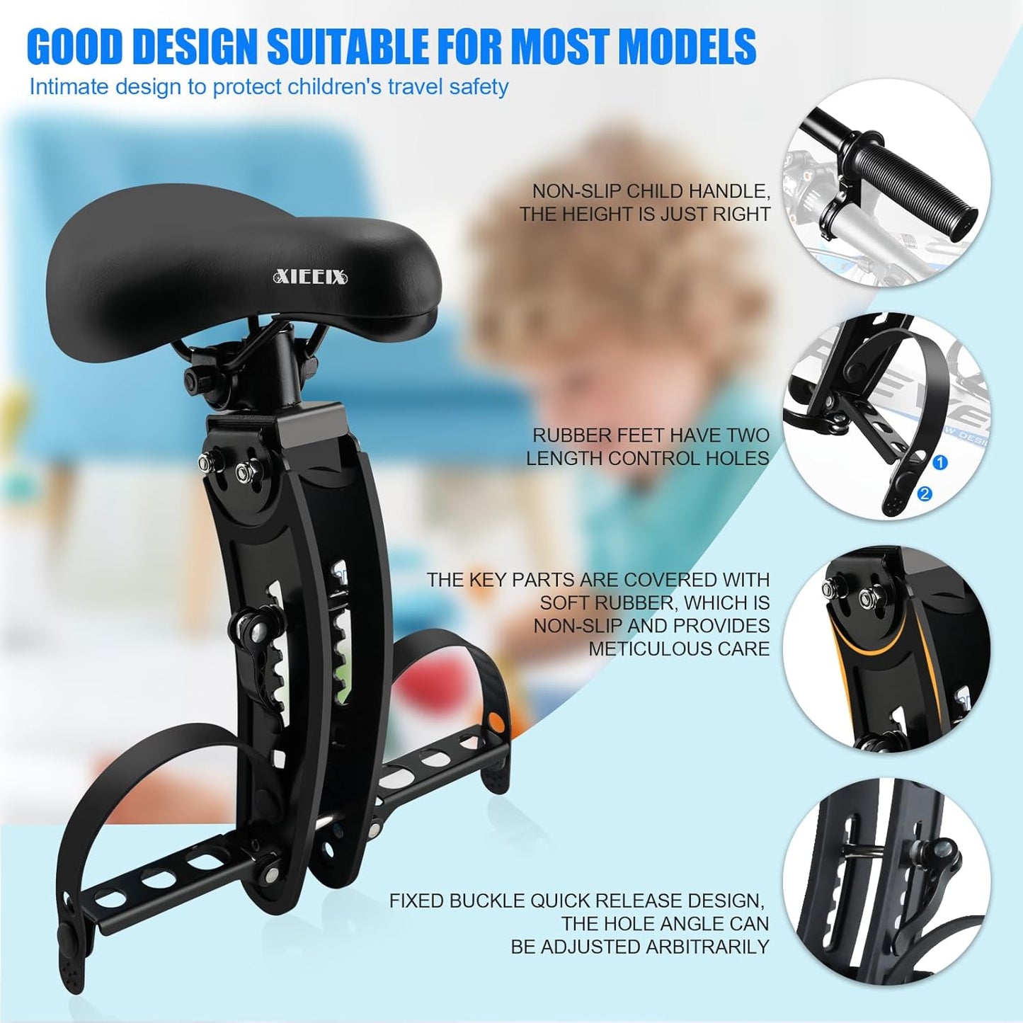 Kids Bike Seat with Handlebar Attachment, Detachable Front Mounted Child Bicycle Seats with Foot Pedals for Children 2~5 Years, Compatible with All Adult Mountain Bikes (Handle+Seat)
