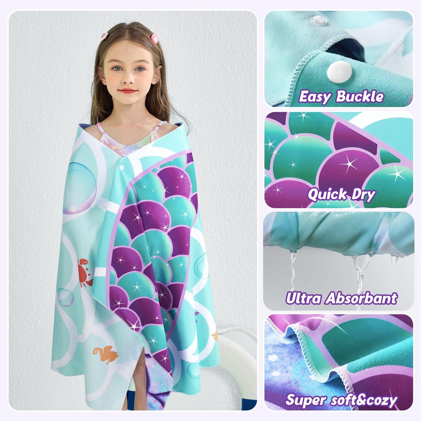 WERNNSAI Mermaid Kids Beach Towel for Girls, 30” x 60” Double-Sided Towels for Kids, Kids Beach Pool Bath Bathroom Swim Towel, Quick Dry Ultra Absorbent Super Soft Beach Blanket Towel
