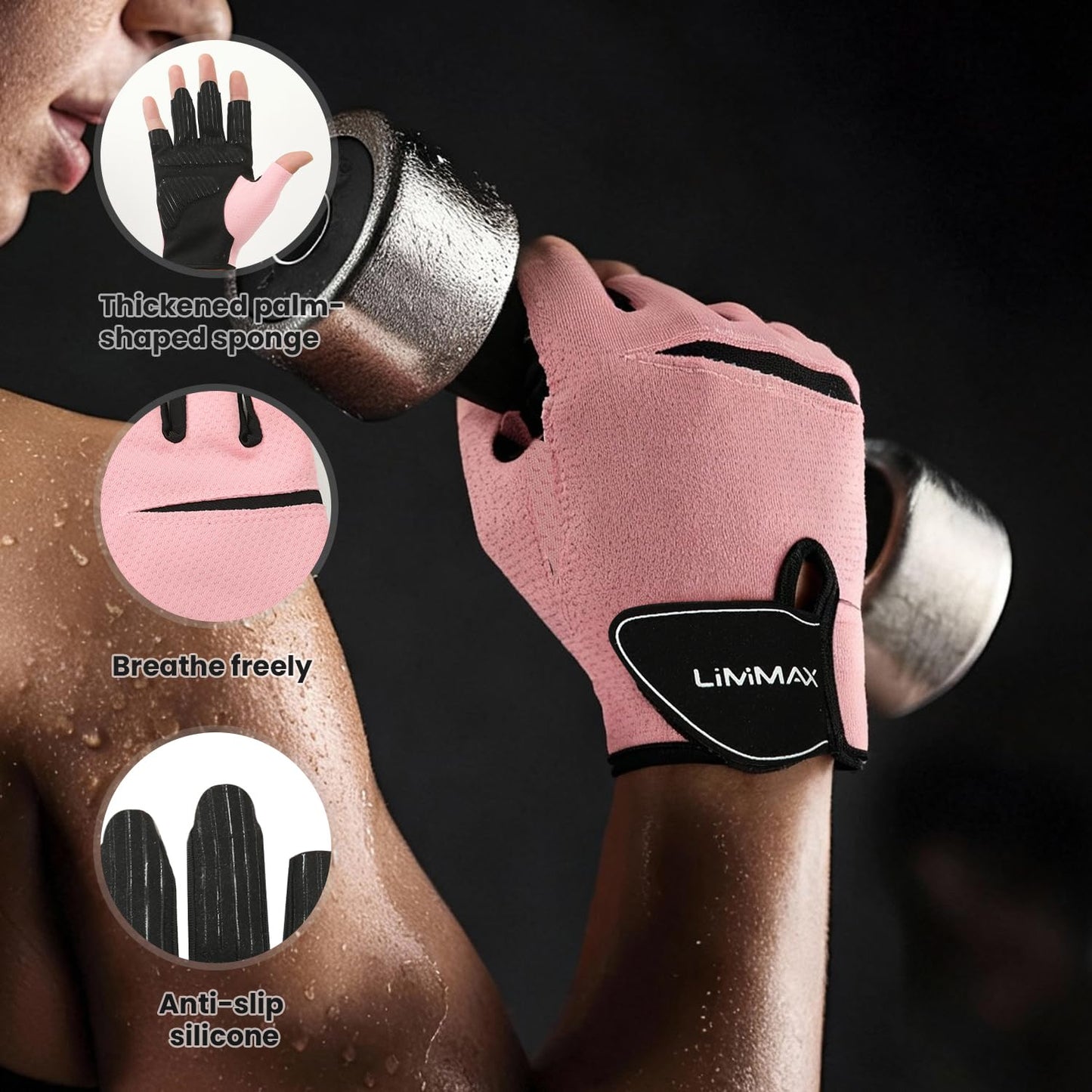Premium Breathable Fitness Gloves by LiMiMAX - Half Finger Pink Gym Gloves for Men & Women, Non-Slip Padded Palm & Adjustable Wrist Support for Weightlifting, Cycling, Crossfit
