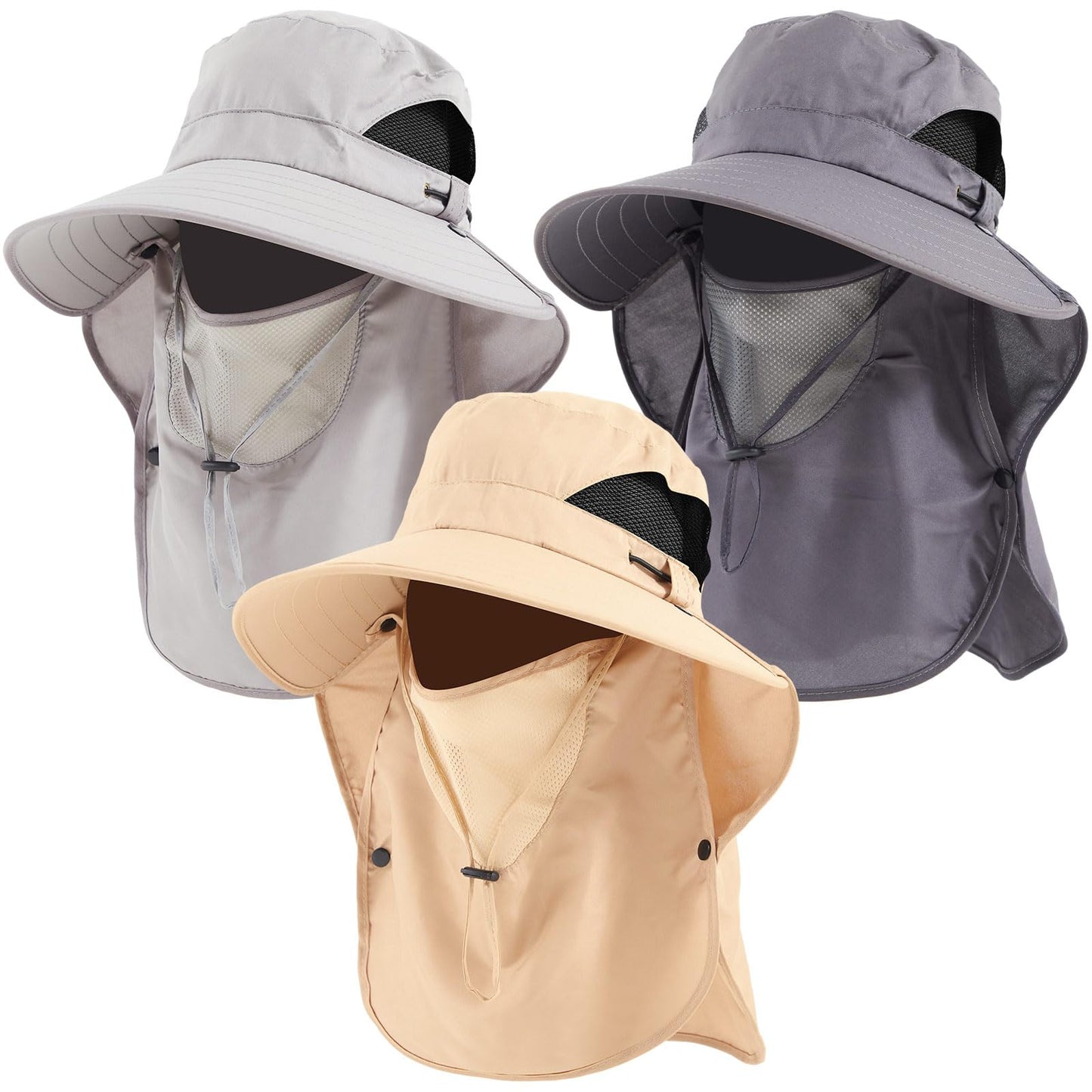 Cuffbow 3 Pcs Sun Hat for Men Women with Neck Flap Breathable Wide Brim Bucket Hat UV Protection UPF 50+ Fishing Hiking(Dark Gray, Gray, Khaki)