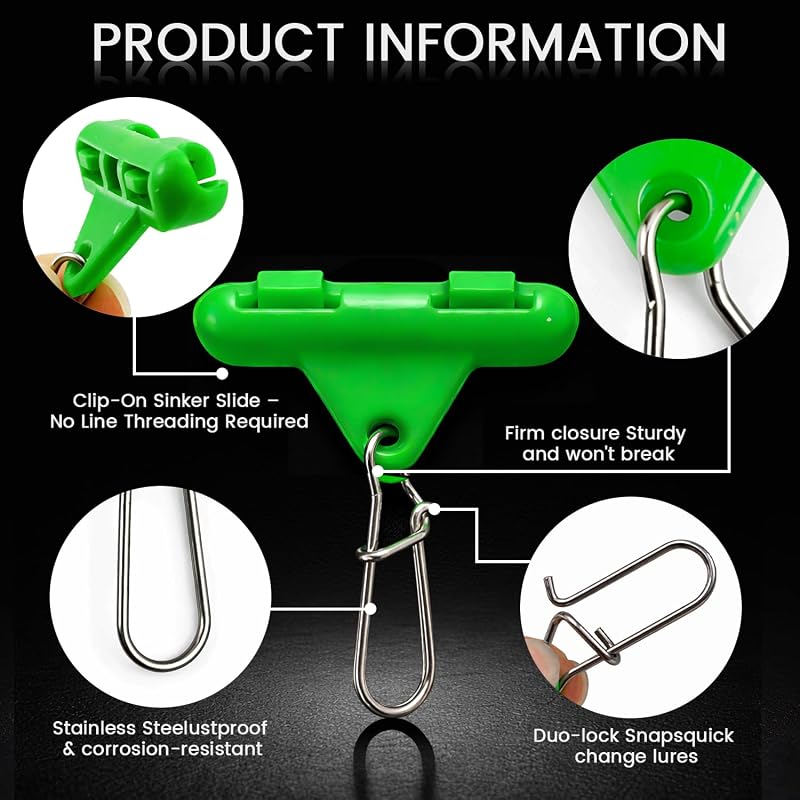 Vipfish Sinker Slides with Weight Bumpers - No-Twist Clip-On Sinker Slider for Easy Weight Change (Green, 36+36 pcs) Catfish Carolina Rig
