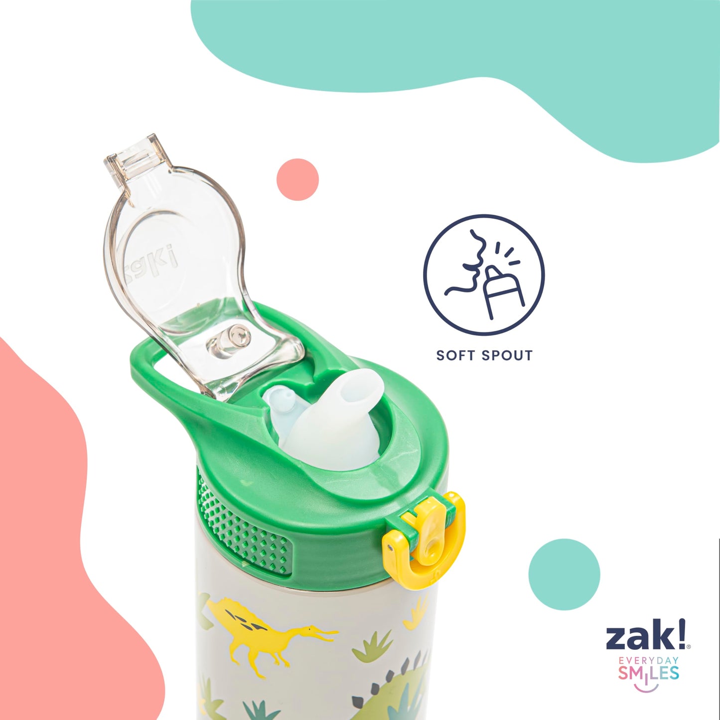 Zak Designs Sage Kids Water Bottle For School, Travel or At Home, 14oz Stainless Steel Water Bottle With Straw, Handle, and Leak-Proof, Pop-Up Spout Cover (Dino)
