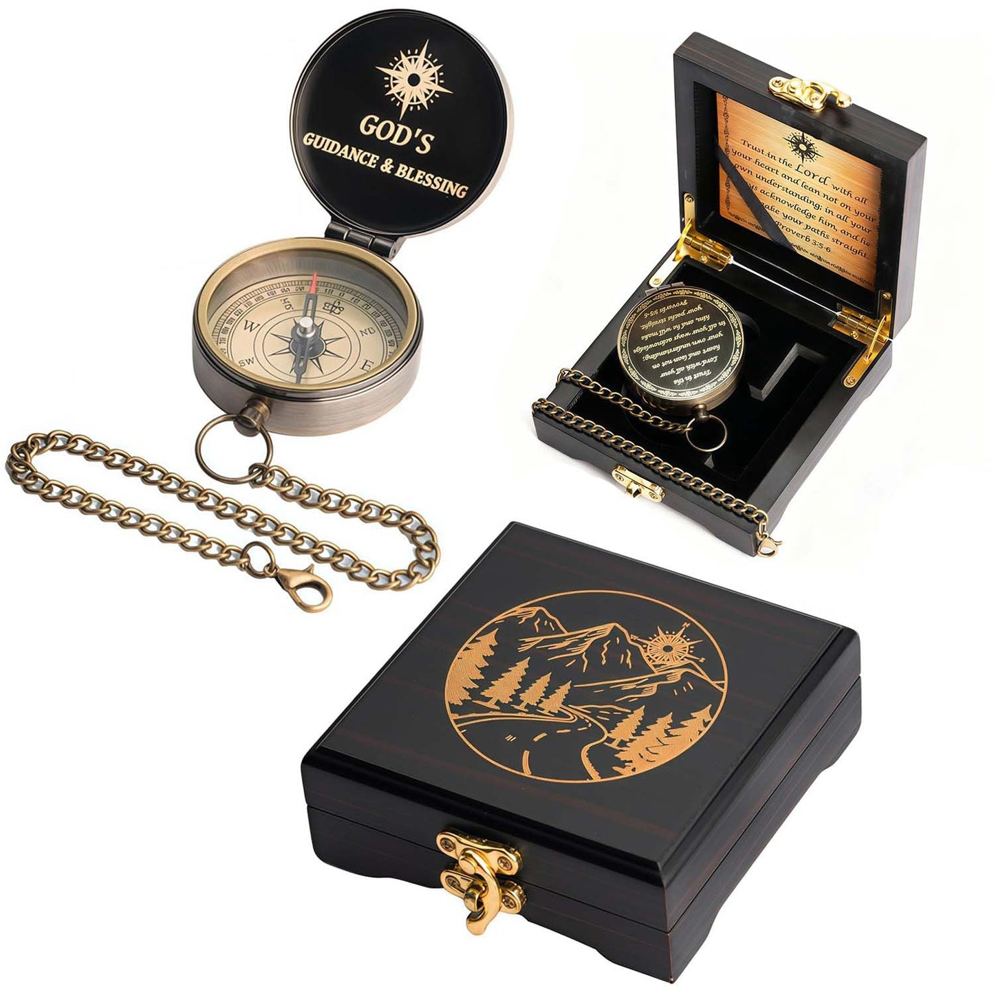 Afcrho Proverbs 3: 5-6 Engraved Compasses, Wood Box Greeting - Trust in The Lord Compass - Inspirational Gift Men, Christian Boys Baptism Gifts, Graduation Day with Wooden Box