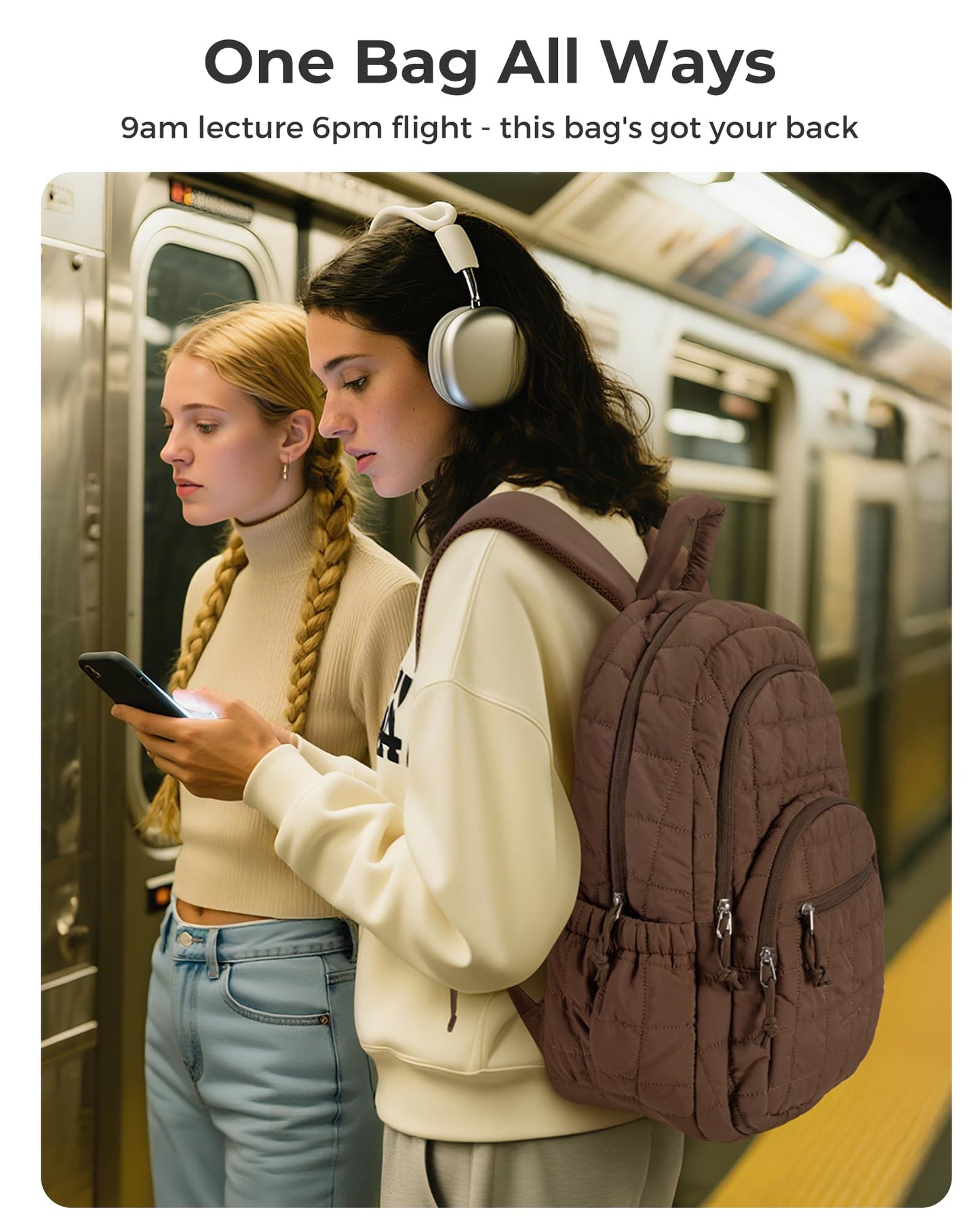 BAGSMART College Laptop Backpack, Travel Backpack for Women, Quilted Casual Daypack, Water-Resistant Bookbag for 15.6 Inch Laptop, Chocolate
