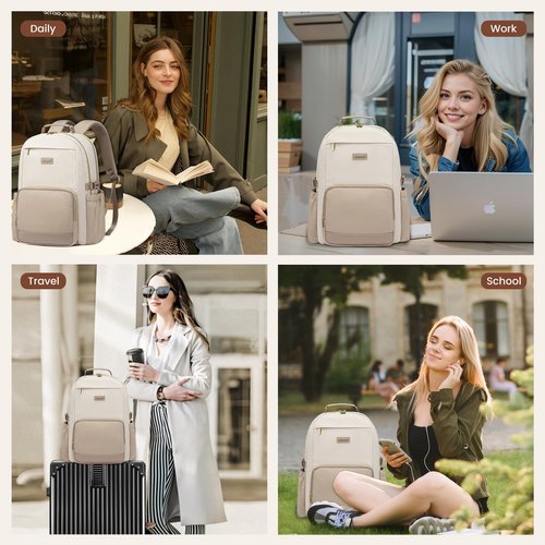 LOVEVOOK Laptop Backpack for Women with Pouch Pocket for Large Capacity Cup,15.6 Inch Laptop Computer Bag Travel Backpack Purse,Waterproof Work Business College Teacher Backpack,Beige-Nude-Logam Plum