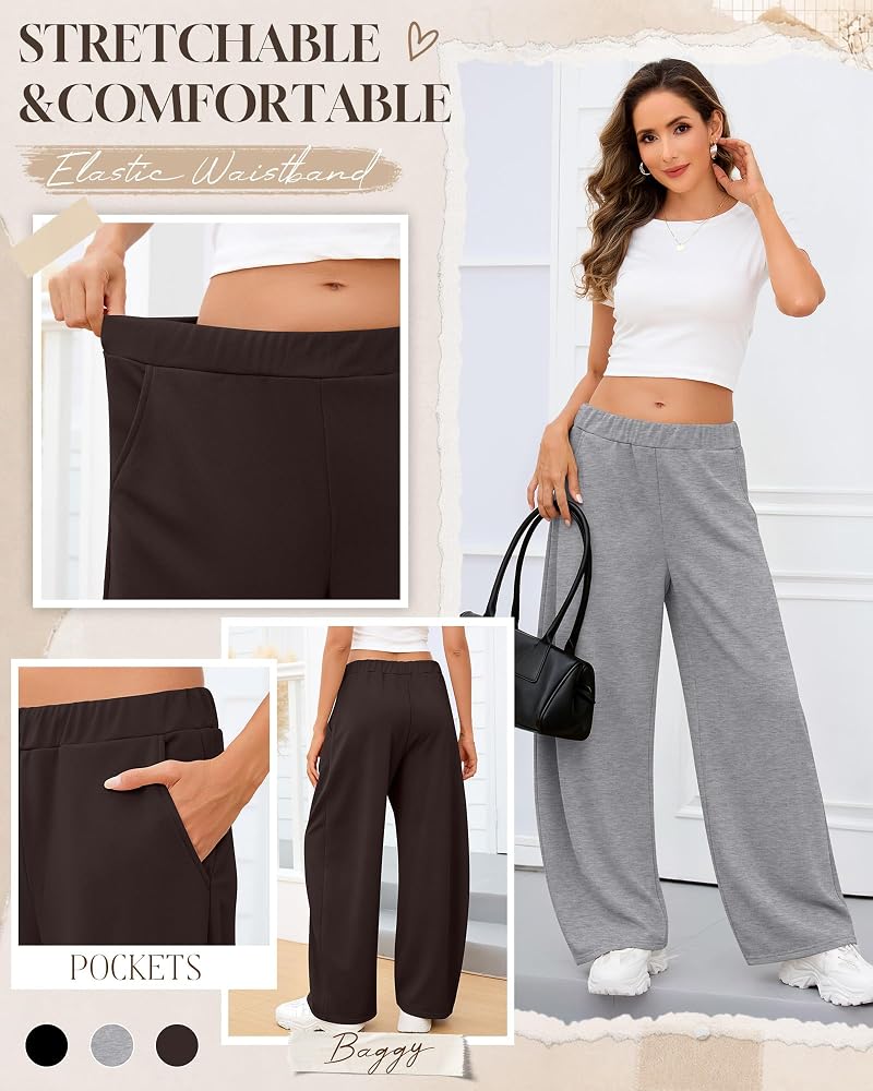 Huukeay 3 Pack Women's Barrel Sweatpants - Black, Light Gray Mixed, Dark Brown | Elastic Waist, Pockets