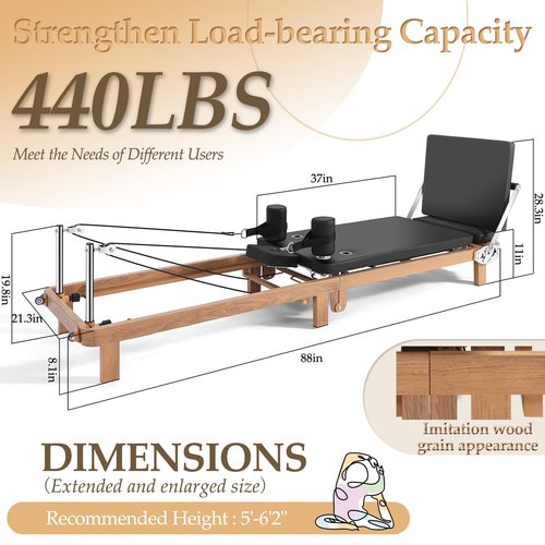 Foldable Pilates Reformer Machine, 90% Pre-Assembled Pro Pilates Equipment，Adjustable Spring + Latex Resistance, 88in Extended Imitation Wood Frame with Jumpboard for Home Gym Women Men Exercise Use