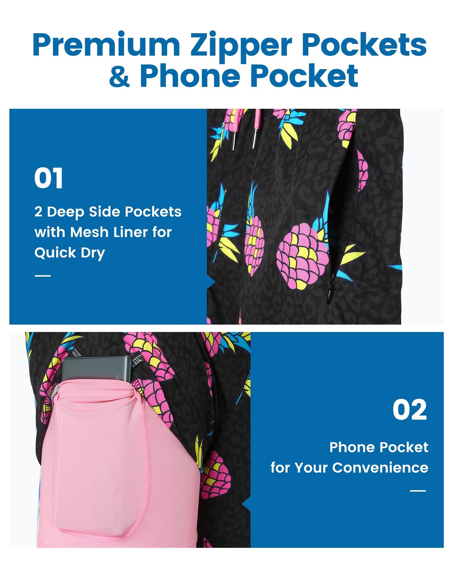 maamgic Mens Swim Trunks with Compression Liner 5 Inch, Quick Dry Bathing Suit with Zipper Pockets, Stretch No-Chafing Swim Shorts, Gray Lepoard x Pink Pineapple X-Small