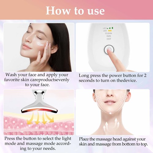 Facial and Neck Massager Tool, Lymphatic Contour Face Massager,7 Colors LED Womens Skin Care Facial Massager for Skin Rejuvenation, Lifting, Toning, Glow Boost