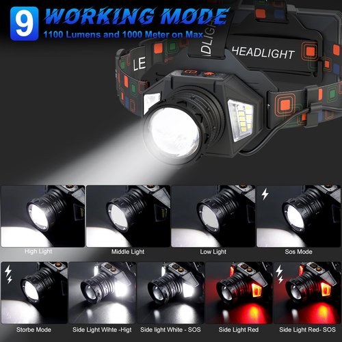 WARKAR LED Headlamp Flashlight, 1100 Lumens Super Bright Rechargeable Headlight with White Red Light | 9 Modes | Zoomable | Waterproof Motion Sensor Head Lamp for Camping Running Hunting Car Repair