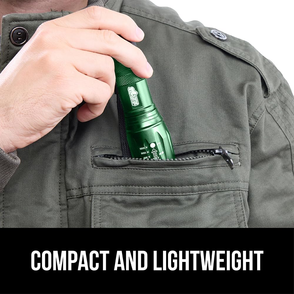 GORILLA GRIP Powerful LED Tactical Flashlight, 750 FT High Lumens 5 Adjustable Modes, Water Resistant, Ultra Bright Zoom Flashlights, Small Mini Flash Light, Camping, Night Dog Walking, 2 Pack Green