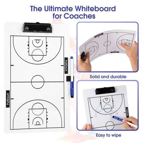 Double-Sided Basketball Coaching Clipboard & Dry Erase Whiteboard for Coaches | Built-in Marker Holder & Sturdy Pro Markers | Portable Durable Tactical Board for Court Training