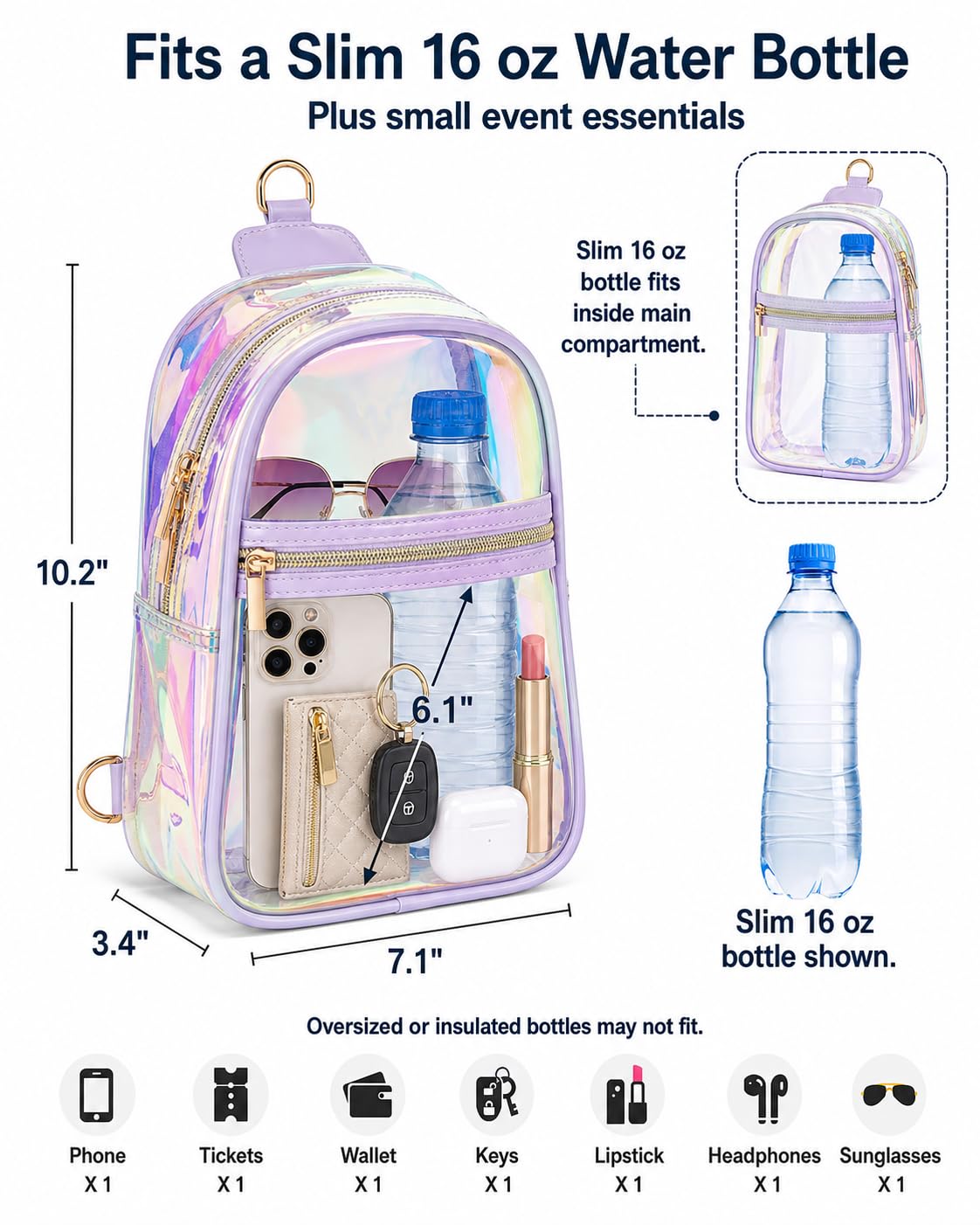 PACKISM Semi-Transparent Holographic Sling Bag for Women - Fashion Purse Iridescent Crossbody Bag for Music Festivals Raves with Jacquard Strap, Purple (Check Venue Rules Beforehand)