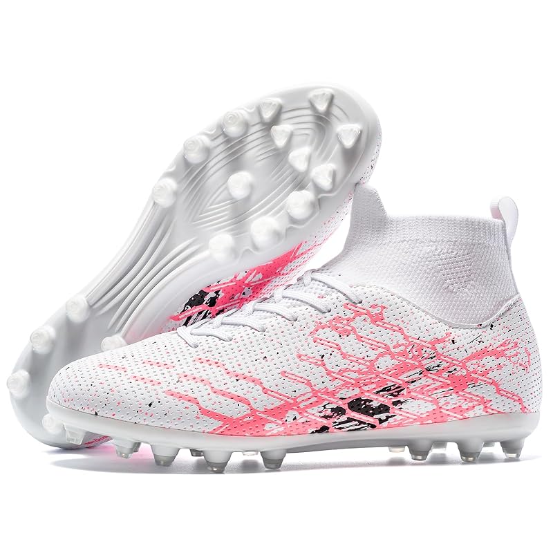 Unisex Soccer Cleats Lightweight No-Tie Lacing System - Pink/White 8.5 Women / 7 Men - Multi-Surface Football Shoes with Ankle Support