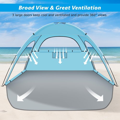 Hoeada Beach Tent Sun Shelter, Beach Shade Tent with UPF 50+ UV Protection for 2-3 Person, Portable & Easy Setup Cabana, 3 Roll Up Doors & 8mm Fiberglass Rods, Carry Bag Included