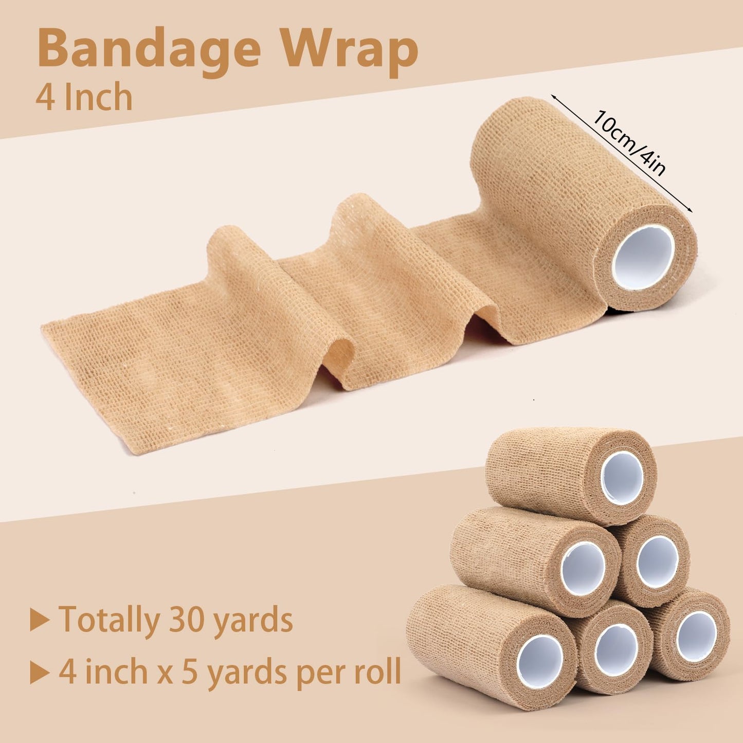 BEVTEE Self Adhesive Bandage Wrap 6 Pack, 4" X 5 Yards Elastic Coban Wrap, Compression Non-Woven Sports Athletic Tape for Wrist, Ankle, Hand, Leg, Swelling, Vet, Grip Tape