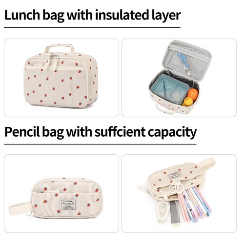 Tanweibago Backpack for Girls Boy Teen Corduroy Bookbags Elementary Middle High School Women Laptop Bag with Lunch Box Pencil Bag (Strawberry Beige)