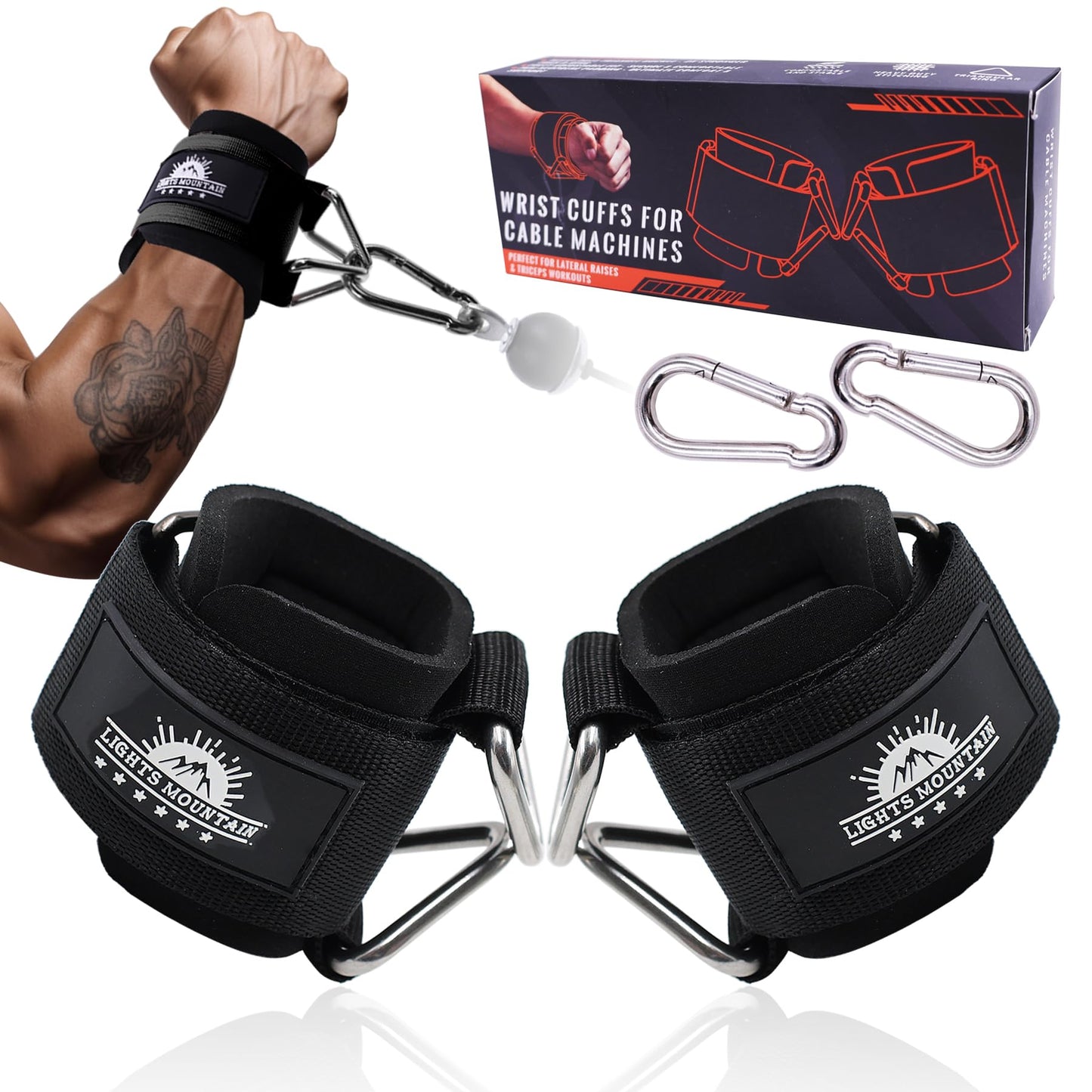Lights Mountain Wrist Cuffs for Cable Machines – 7mm Neoprene Thick Padding with Welded Triangle Ring – Adjustable Size, M & L Options – Perfect for Lateral Raises, Arm & Shoulder Workouts