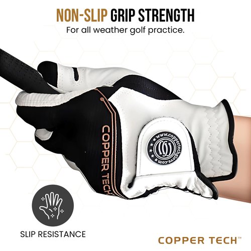 Copper Tech Plus Copper Infused Golf Glove for Women – White/Black – Single Pack – Compression Fit, Arthritis Relief, Non-Slip Grip – USGA Approved - Left Hand/One Size