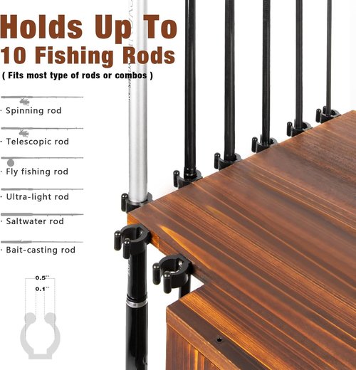 Ghosthorn Fishing Rod Holders for Garage Storage up to 10 Rods or Combos Fishing Pole Holders 360° Rotating Rod Rack Fishing Gear Equipment Tackle Organizer Wood Floor Stand for Men Women