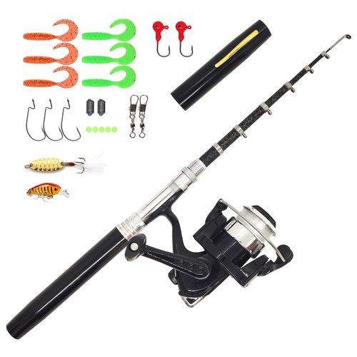 Portable Mini Small Fishing Rod and Spinning Reel Combos, Compact Telescopic 55inches Pocket Pen Fishing Pole with Line Lures Hooks for Freshwater, Ice Fishing and So On (Full Kits, 55inches / 140cm)