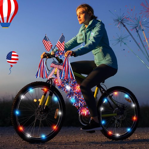 Buryeah 10 Pcs LED 4th of July Bike Decorations Kit Patriotic Bike Decor Wheel Light Bicycle Streamer Bow USA Flag Red White Blue Tinsel Garland Necklace Star Light Independence Day Parade Party Favor