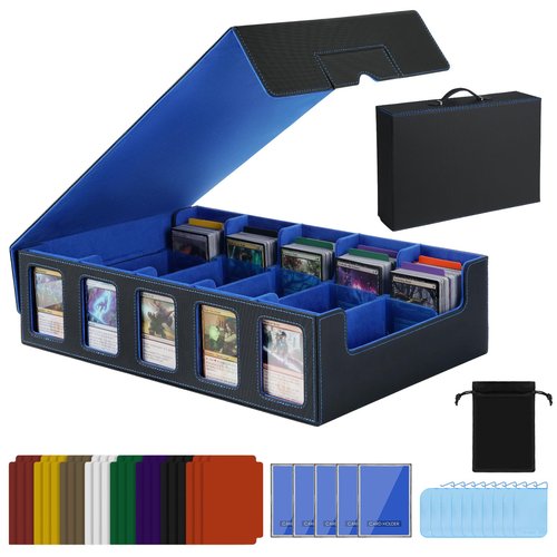 Trading Card Storage Box with Handle, 5-Row Portable Leather Deck Case for 4000+ Cards,Blue Card Collection Box with Commander Display Window for MTG, Yugioh, and Sports Cards,Gifts for Card Collector