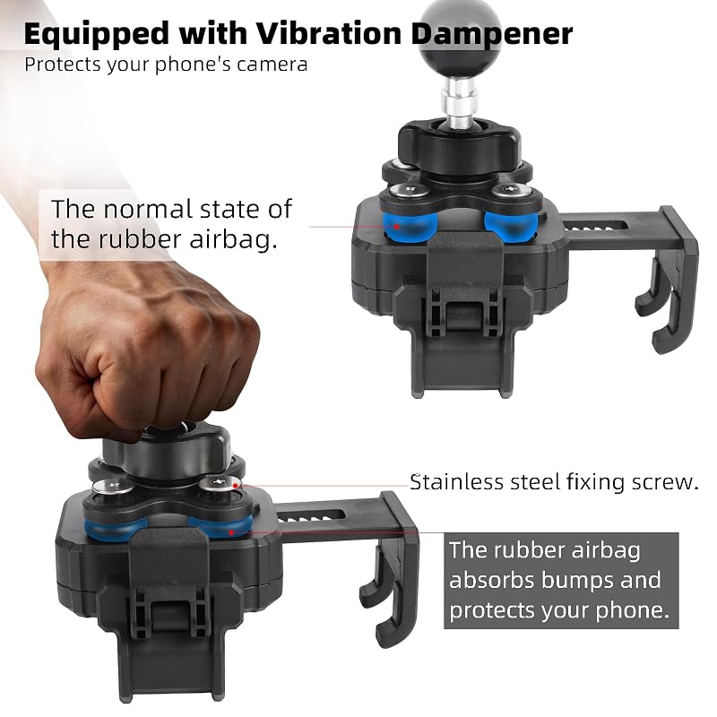 Kayak Phone Holder with Vibration Dampener & 11.5"-17" Aluminum Telescopic Arm, 1" Track Ball Base, 360° Rotation, Camera-Friendly