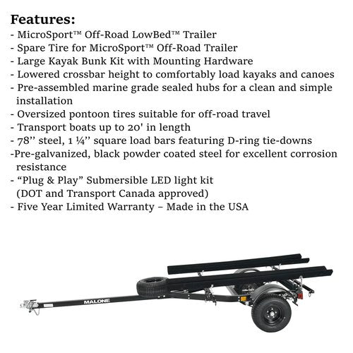 Malone MPG444LB-BLK MicroSport Off-Road LowBed 2 Kayak Trailer with 2 Bunk Kayak Carriers | 20' / 800 lbs Load Capacity | 22" Crossbar to Ground Clearance | Black Powder Coat Finish