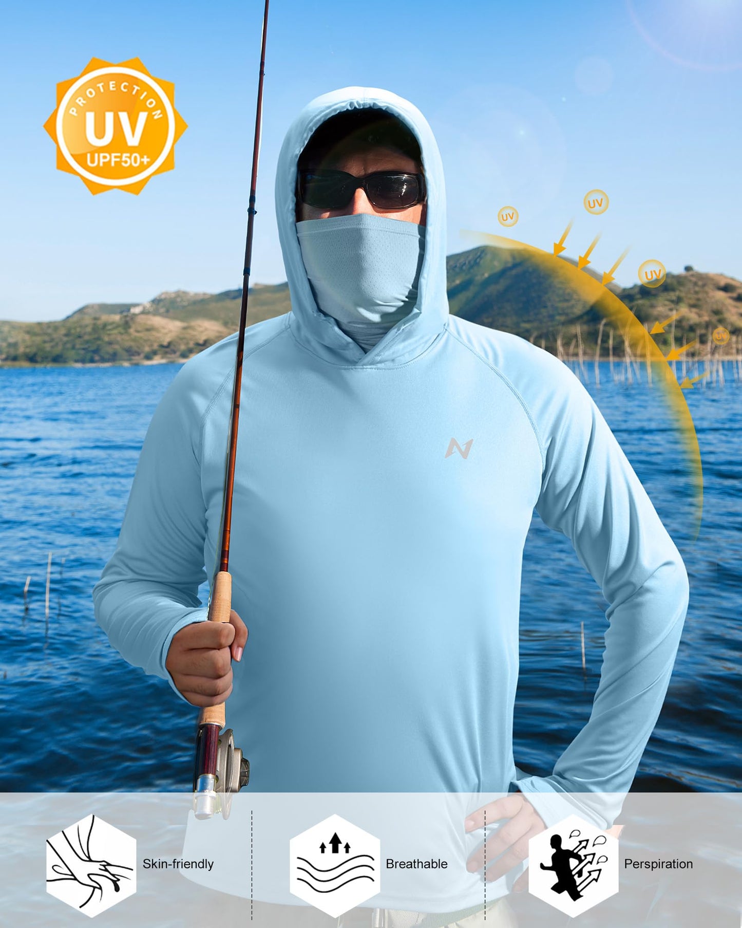 isnowood Sun Shirt UPF 50+ Men's Fishing Long Sleeve UV Protection Hoodie Hiking Rash Guard Swimming Running Light Blue
