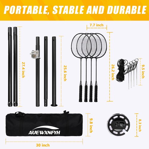 Professional Badminton Set - Includes 4 Rackets, 4 Shuttlecocks & Standard Court Boundary,Portable Outdoor Badminton Net with Winch System and Adjustable Width,Perfect for Backyards, Beach