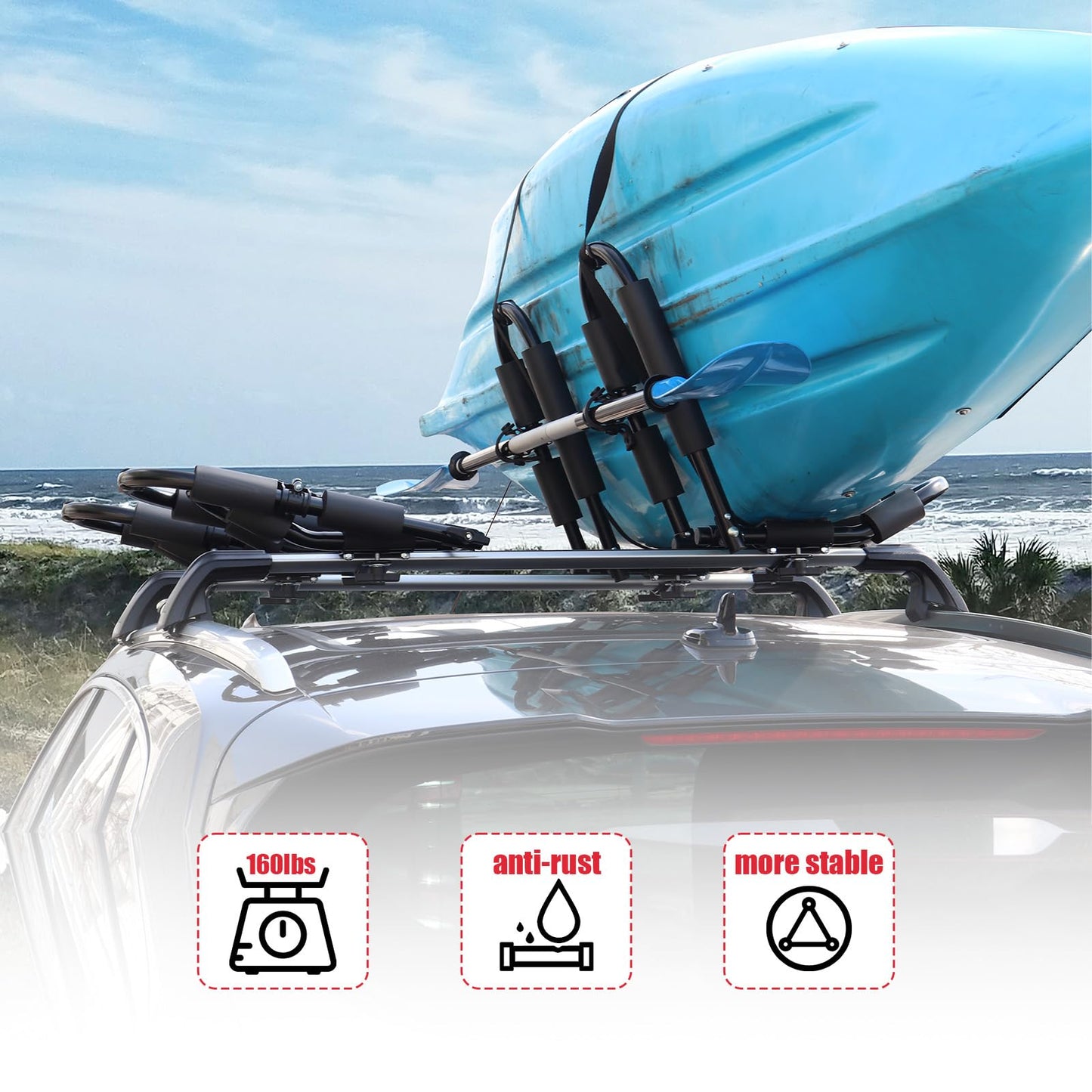 FORWODE 1 Pair Kayak Roof Rack, 2 in 1 Aluminum Folding J-Bar Roof Rack with 1 Set Ratchet Tie Straps for Kayak Canoe Boat Surf Ski on SUV Car Truck Crossbar