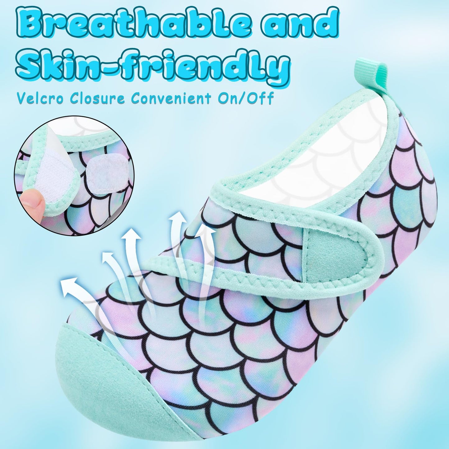 VIFUUR Kids Water Shoes Boys Girls Barefoot Water Sports Socks Hook&Loop Beach Shoes Quick Dry Aqua Socks Swim Walking Outdoor Sports for Toddler Fish Scales Green-24/25