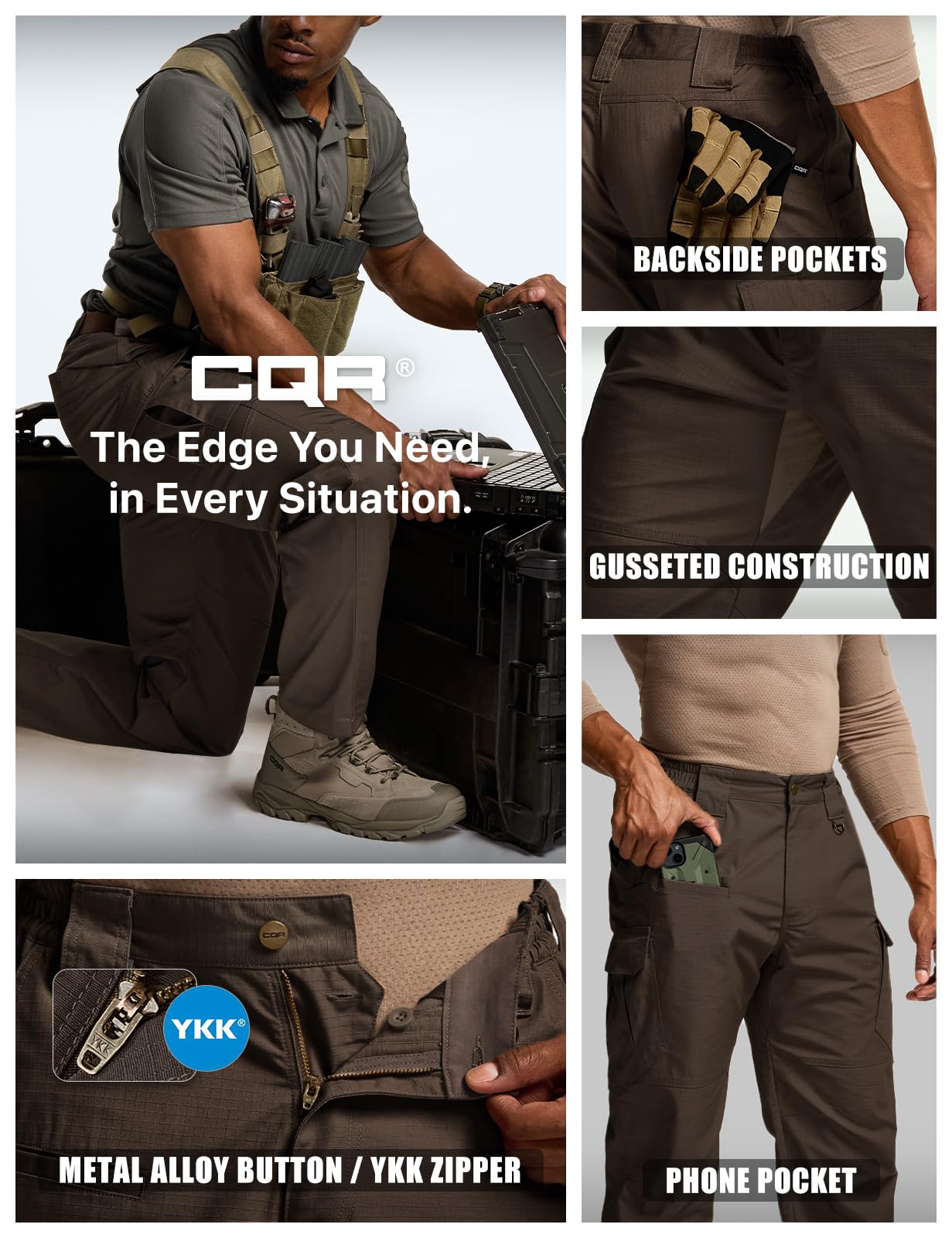 CQR Men's Tactical Pants, Water Resistant Ripstop Cargo Pants, Lightweight EDC Work Hiking Pants, Outdoor Apparel, Raider Mag Pocket Dark Brown, 38W x 32L