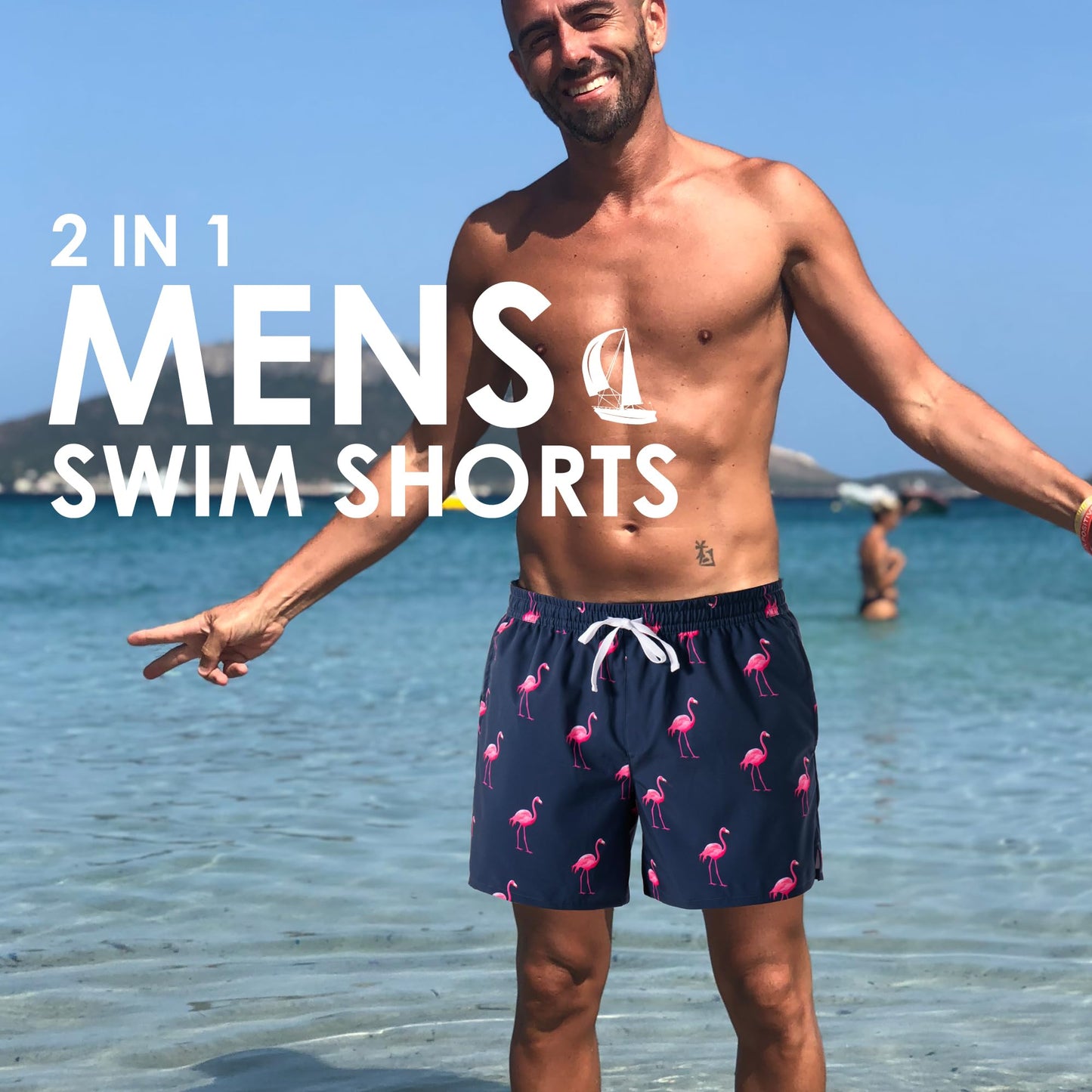 XOMZG Men's Swim Trunks, 2 in 1 Bathing Suits Quick Dry Beach Hawaiian Board Shorts with Pockets