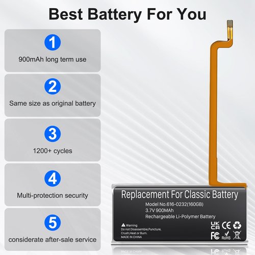BOANV 900mAh 616-0232 Battery with Repair Tool Kits,Compatible with iPod 5th - 7th Generation Video Classic A1136 A1238 6th 80GB 6.5th 120GB 7th 160GB 5th 30GB