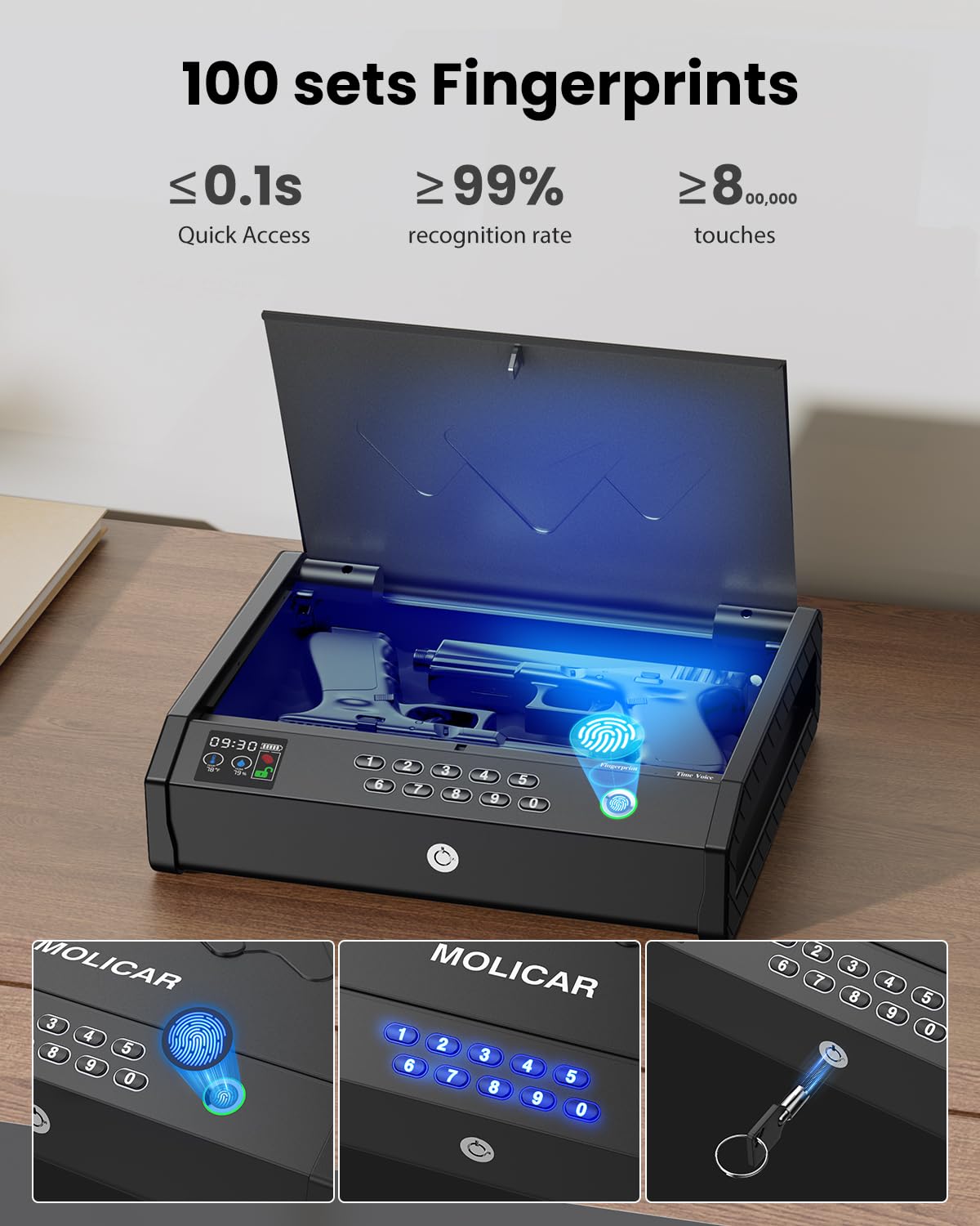 MOLICAR Gun Safe, Biometric Gun Safes for Handgun with LCD of Temp Humidity Battery, USB-C Port, Fingerprint Quick Access Pistol Safe for Home Bedside Nightstand Car