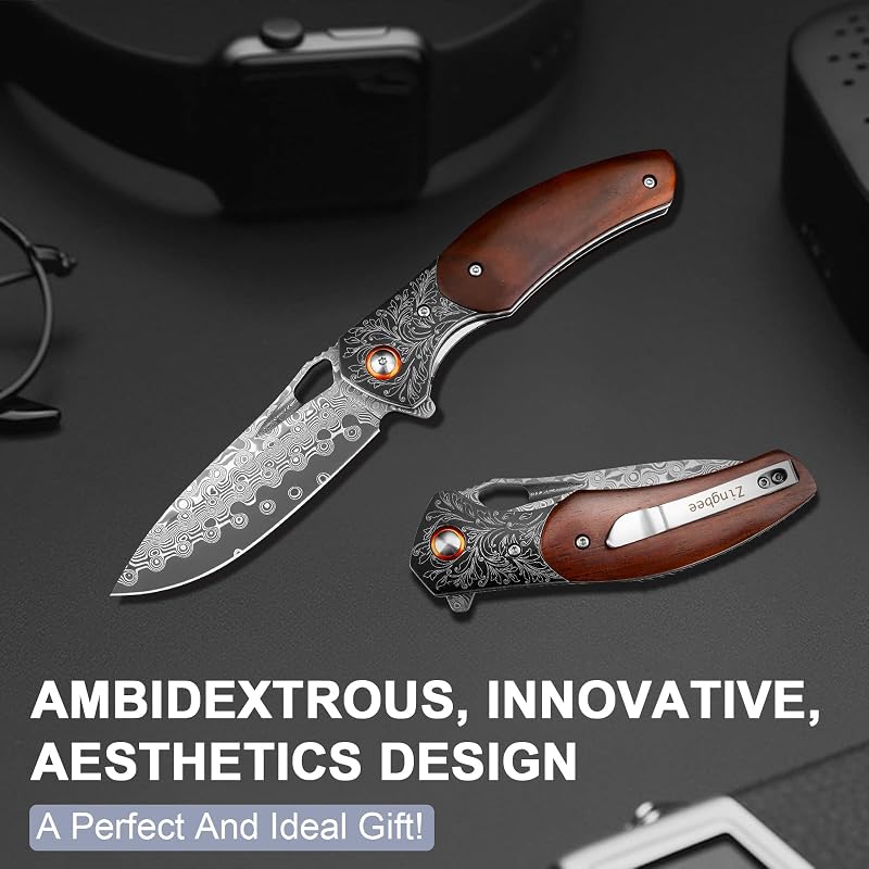 Damascus Pocket Knife with Rosewood Handle & Leather Sheath - 8.07in, DMPH