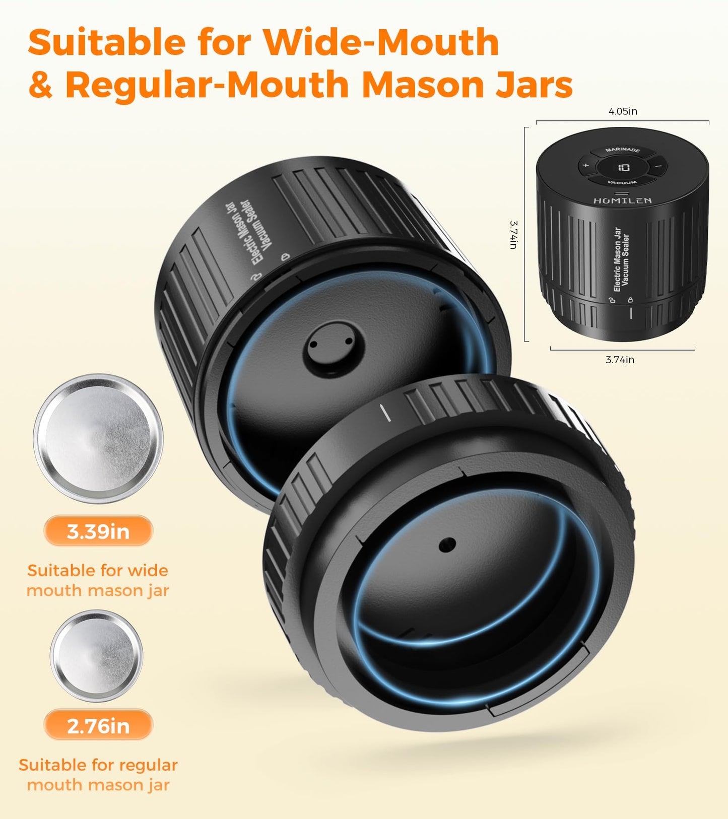 HOMILEN Electric Mason Jar Vacuum Sealer Kit - 2 Modes for Vacuum and Fast Marinade, 10 Sealing Lids - Preserve Freshness Efficiently, Ideal for Canning Jams, Pickles, Dry Foods, Grains Storage