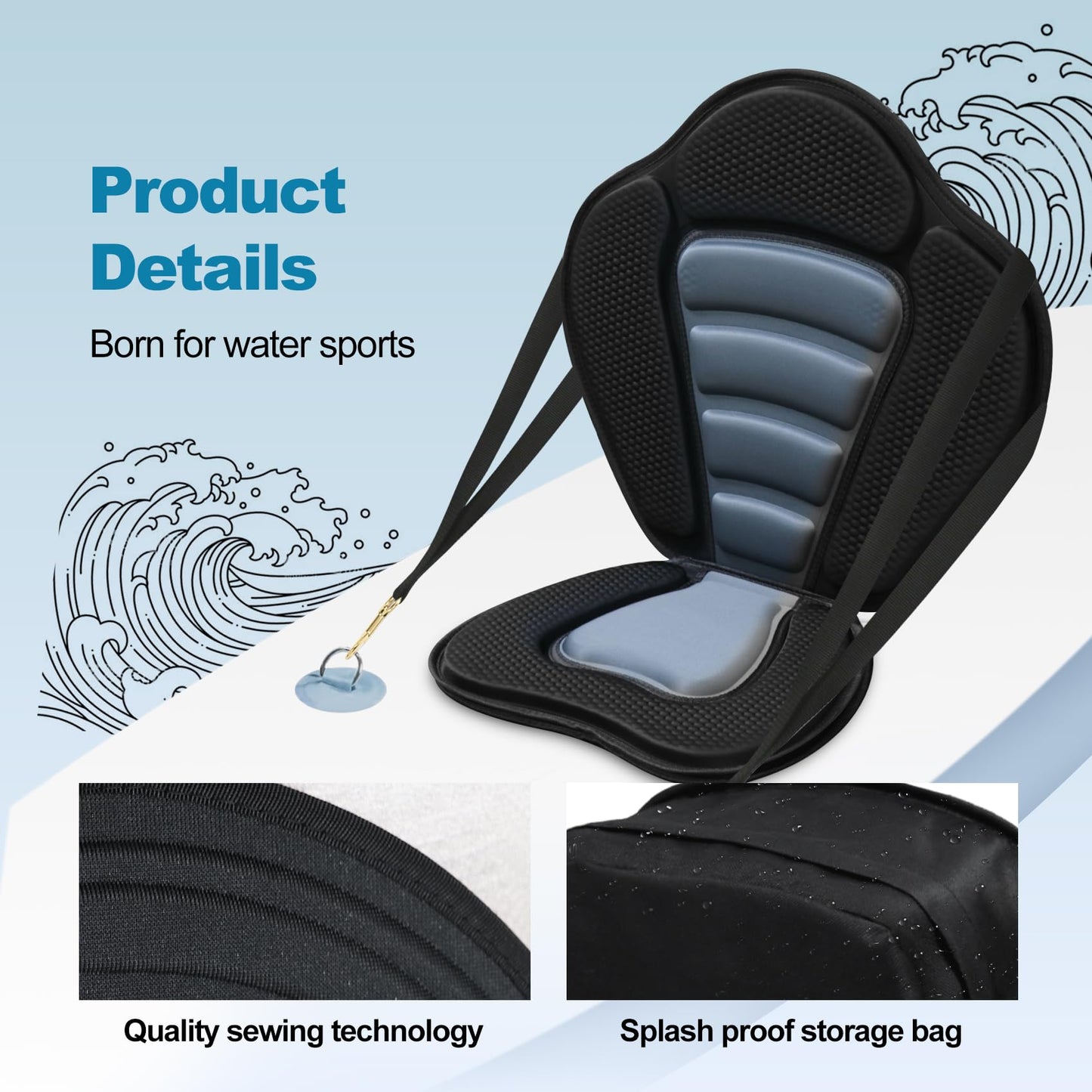 JEAYYDSI Kayak Seat with Back Support, Paddle Board Seat Replacement, Universal Adjustable Deluxe Cushion with Waterproof Storage Bag Foldable for Kayak,Padded Boat,SUP,Canoe,Fishing Boat