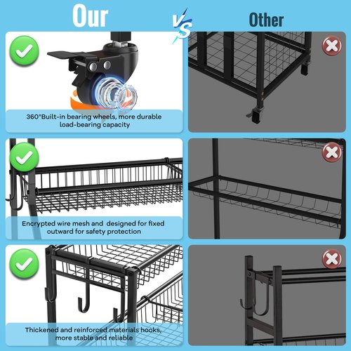 WUC Sports Equipment Organizer - Garage Ball Storage Rack with Basket, Hooks and Rolling Cart for Toy Sports Gear Storage, Black