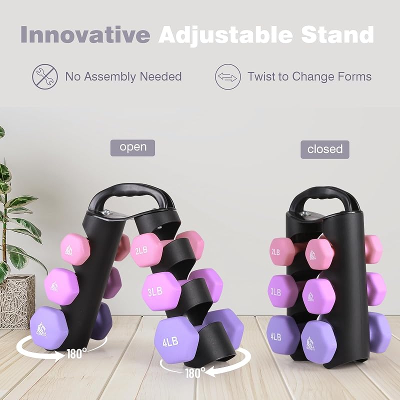 Lilac Fantasy 18lb Set of 6 Neoprene Coated Dumbbells with Rack - Anti-Slip Hex Weights